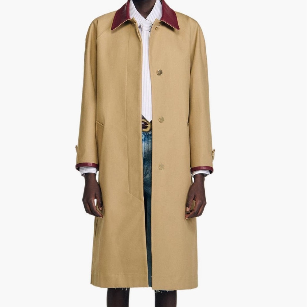 Sandro Tan Trench Coat with leather collar